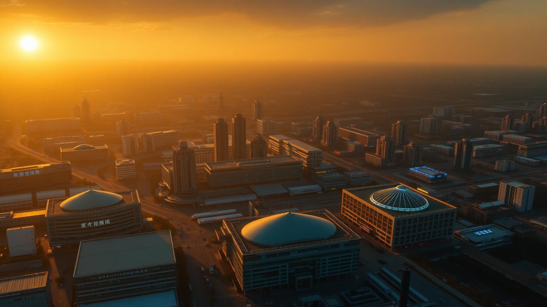 Aerial view of Yiwu International Trade City at sunrise